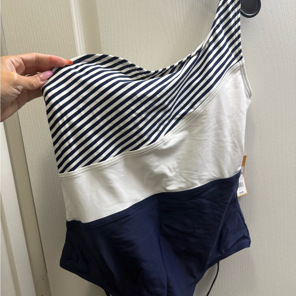 One shoulder Blue and White One Piece Swimsuit with Nautical Stripes